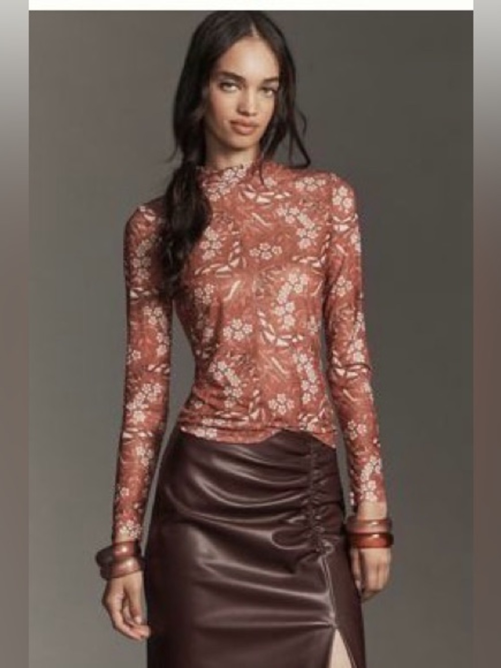 Anthropologie Mesh Turtleneck L Rust Floral Long-Sleeve Mock Neck winter fall